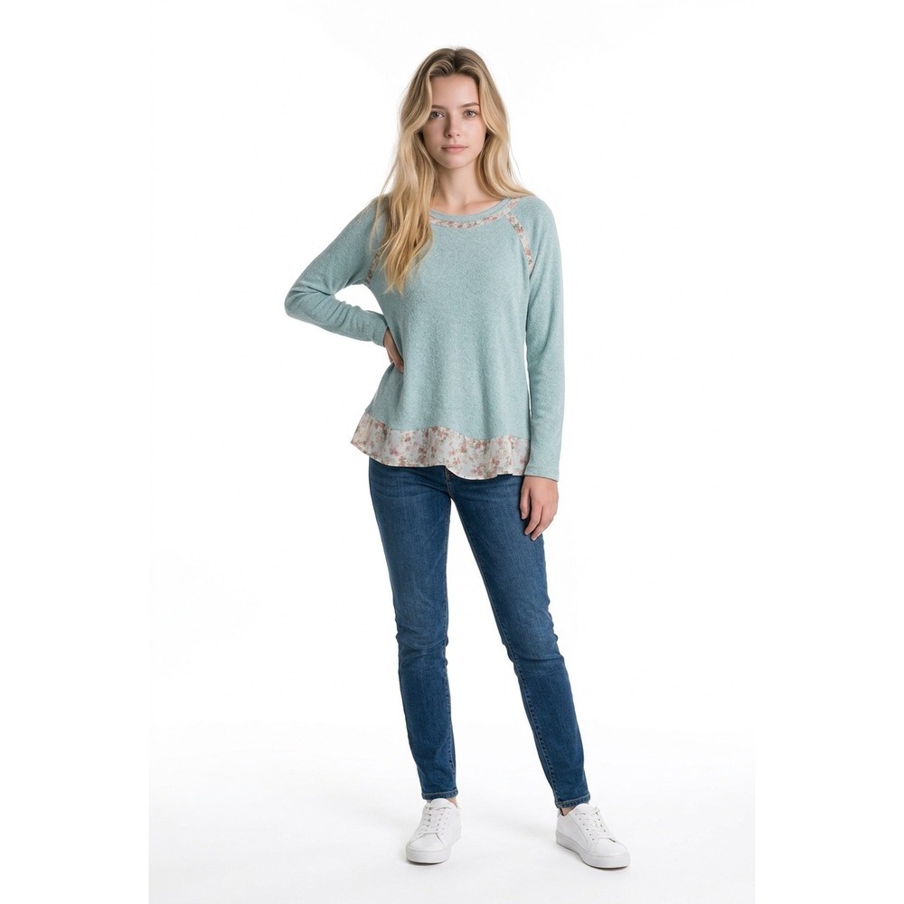 Cactus + Pearl Seafoam Green‎ Waffle Knit Floral Chiffon Trim Top Womens Small